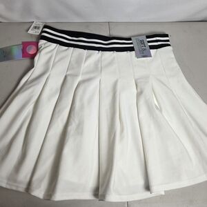 Thrill White Pleated Mini Skirt with Black Striped Waistband
